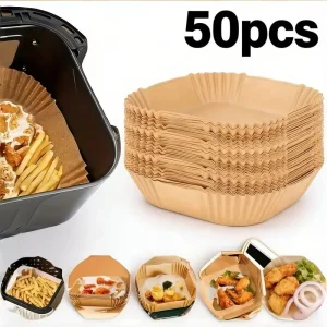 50pcs fifty disposable square parchment liners, convenient non-stick sheets for oven and air fryer baking.